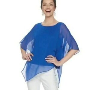 Dana Buchman Royal Blue Chiffon Flounce Short Sleeve Blouse S